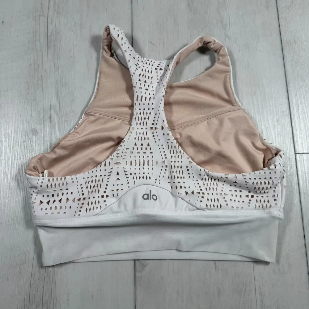 Alo Yoga Women's Small Laser Cut Racerback Sports Bra White Pilates Activewear